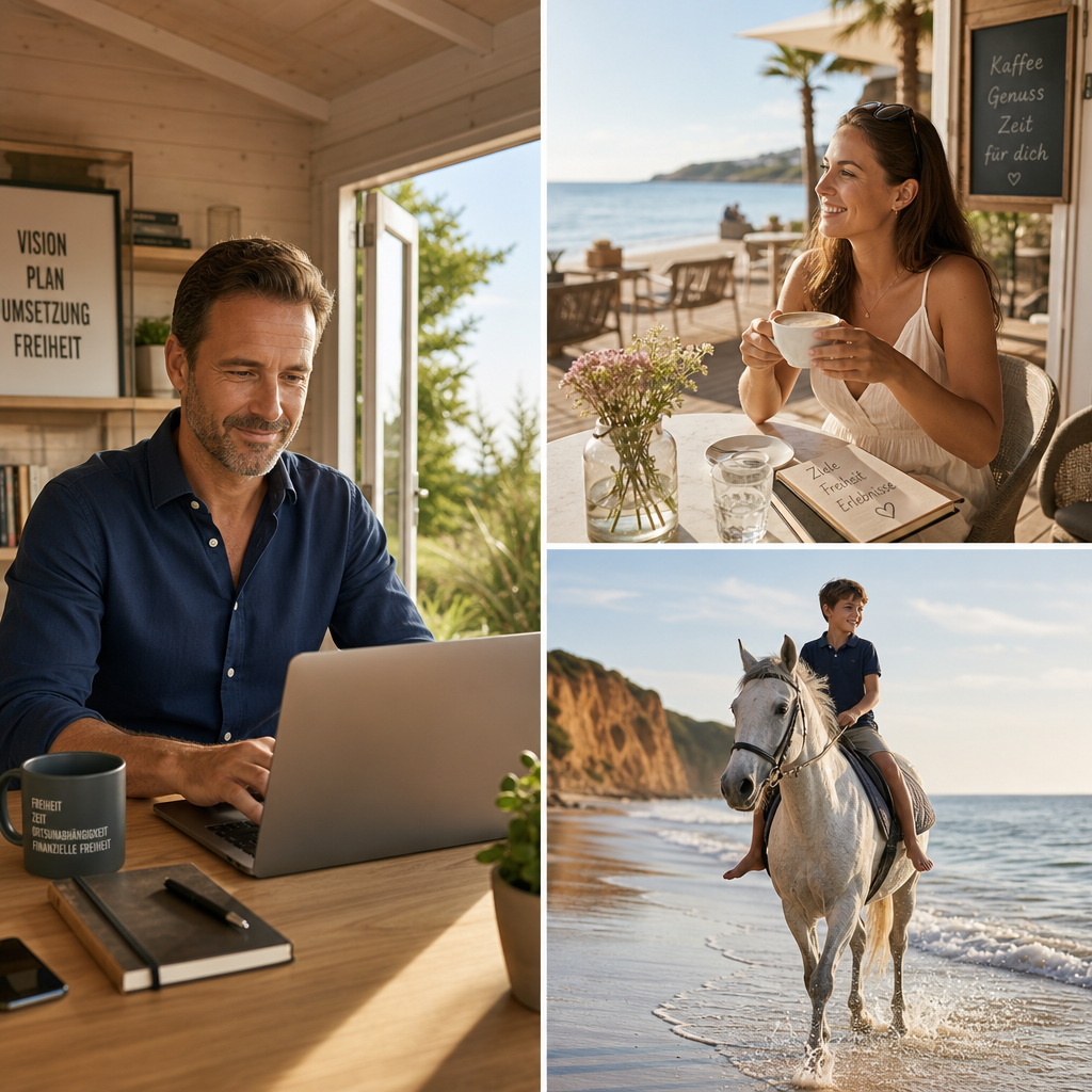 Unternehmer im Gartenhaus mit Laptop, Frau im Café, Sohn reitet am Strand