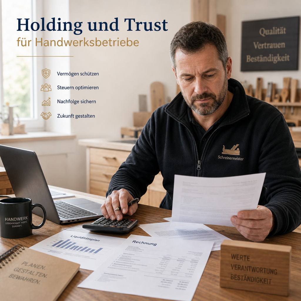 Schreinermeister prüft Rechnungen und Liquiditätsplan am Schreibtisch