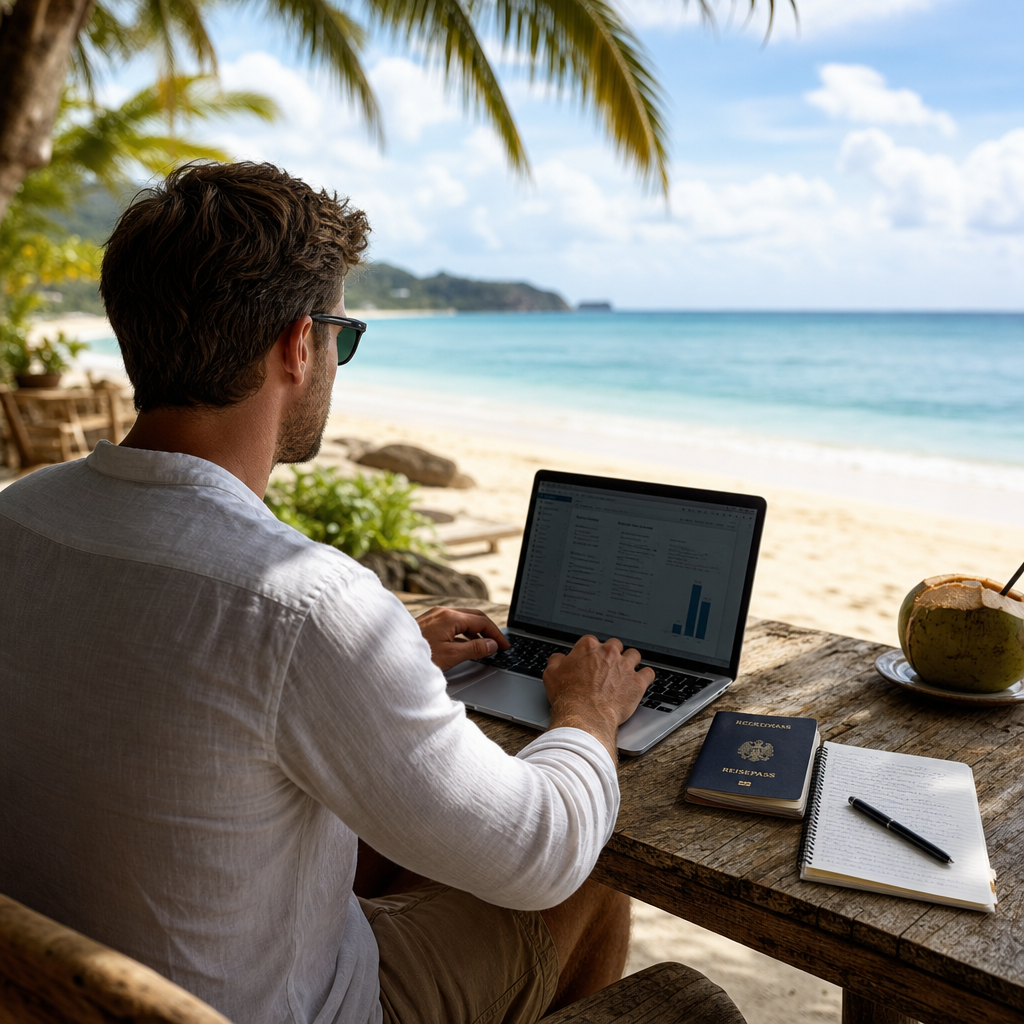 Unternehmer arbeitet auf Laptop am Strand, Reisepass und Notizen neben ihm, Blick aufs Meer