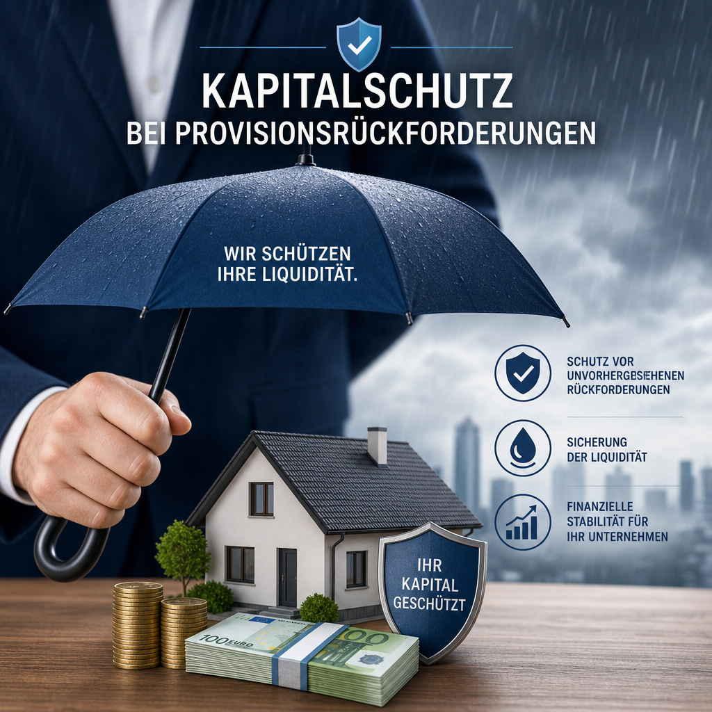 Person hält Regenschirm über Haus und Geld, symbolisiert Schutz der Liquidität bei Provisionsrückforderung