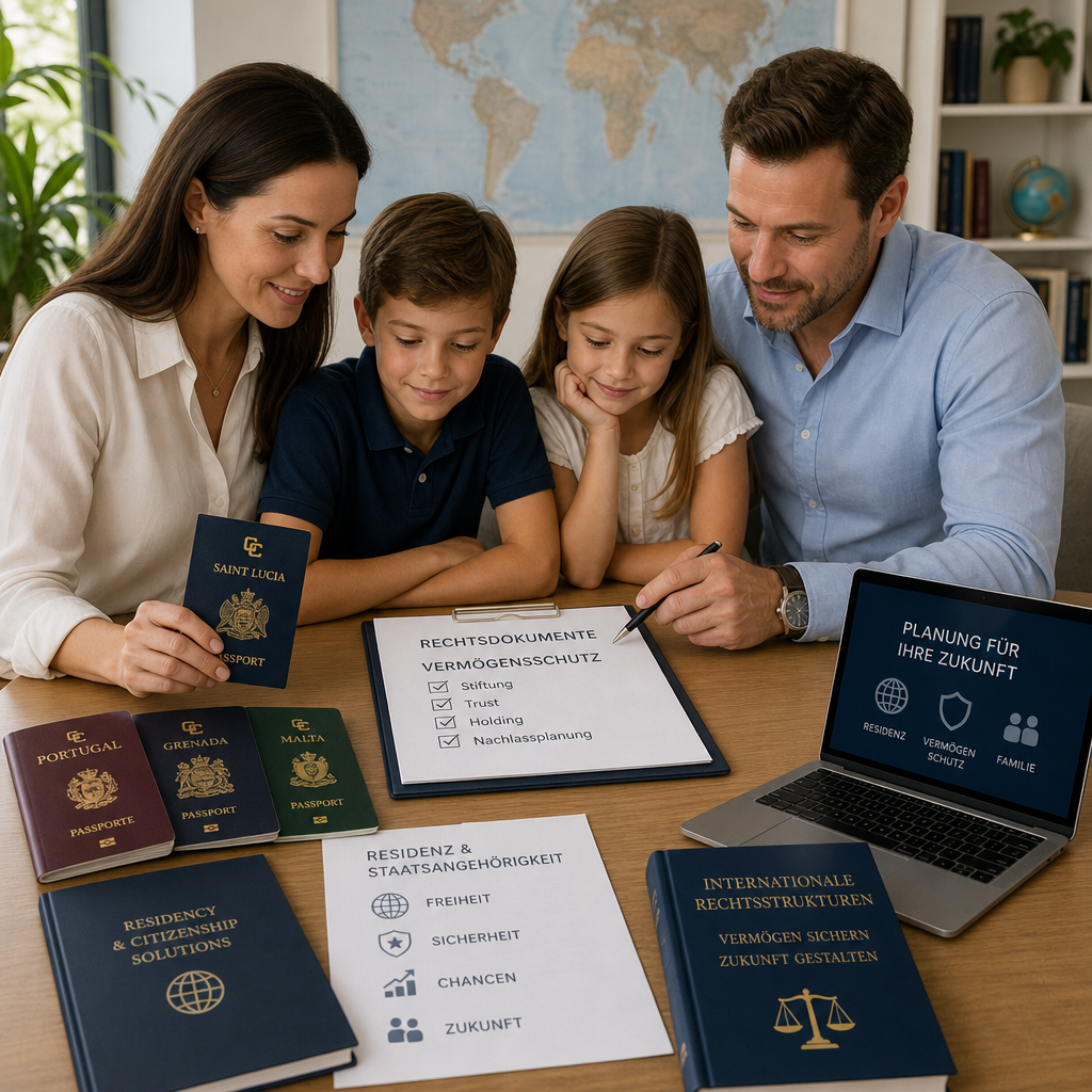 Familie am Tisch mit Reisepässen, Rechtsdokumenten und Laptop zur Planung von Residenz und Vermögensschutz