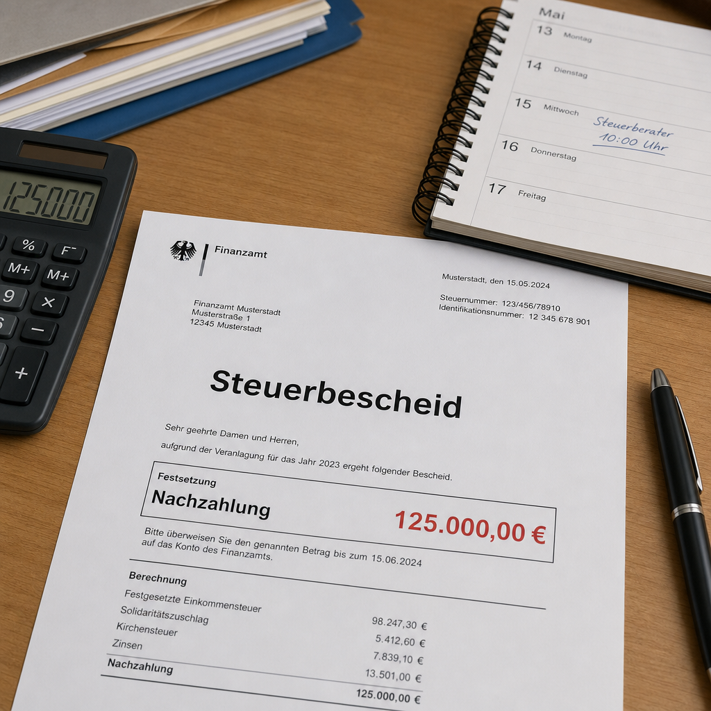 Brief mit Steuerbescheid 125.000 € Nachzahlung neben Taschenrechner und Terminkalender