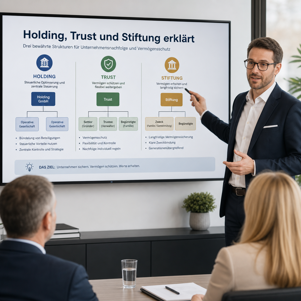 Berater zeigt Diagramm zur Unternehmensnachfolge mit Holding, Trust und Stiftung