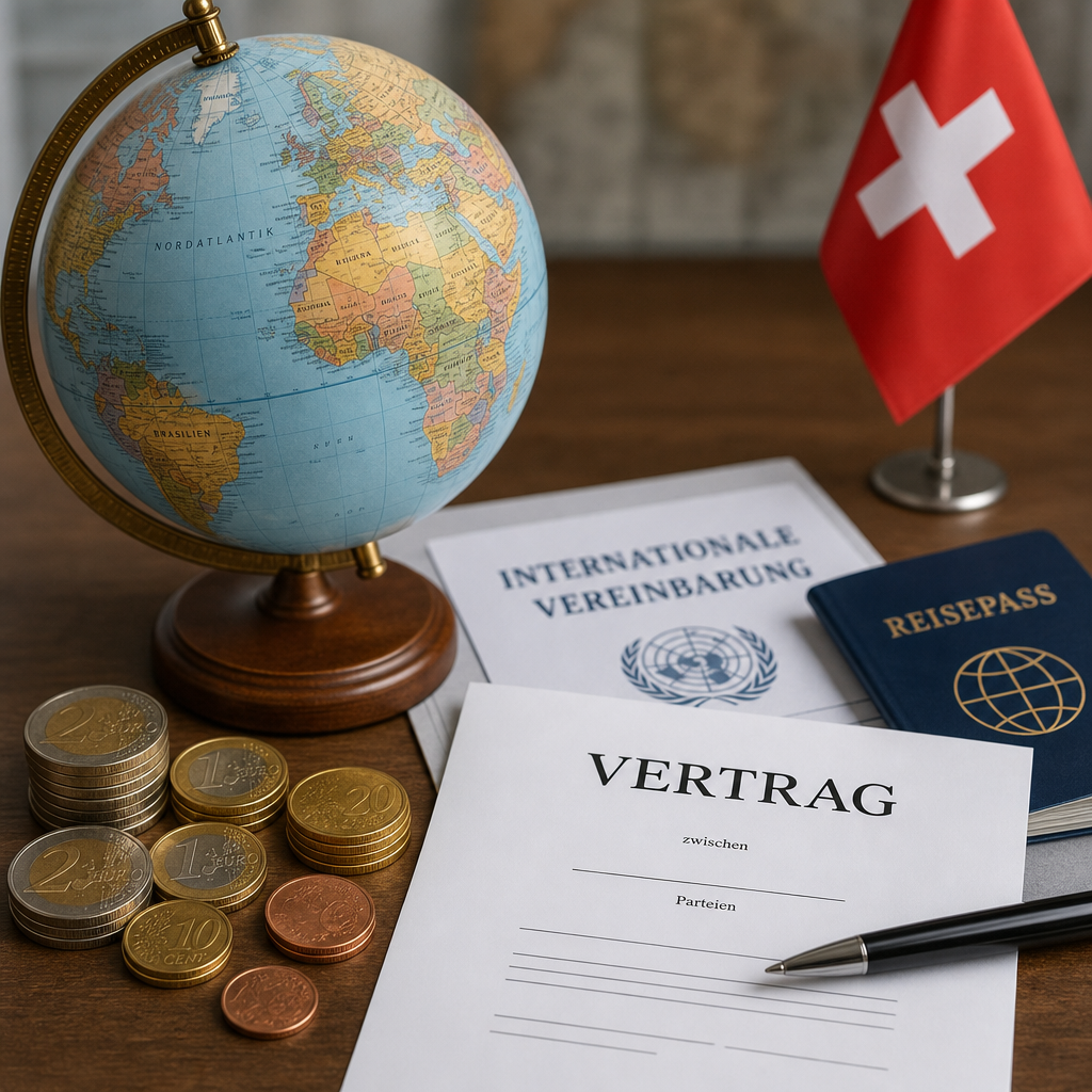 Globus neben Euro-Münzen, Vertragsunterlagen und Schweizer Flagge