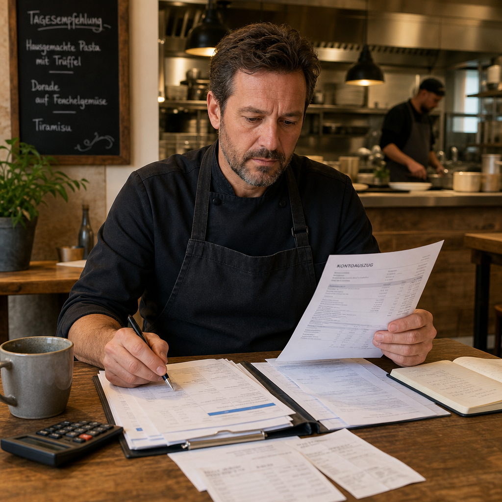 Restaurantinhaber sitzt am Tisch, prüft Rechnungen und Kontoauszüge neben Küche