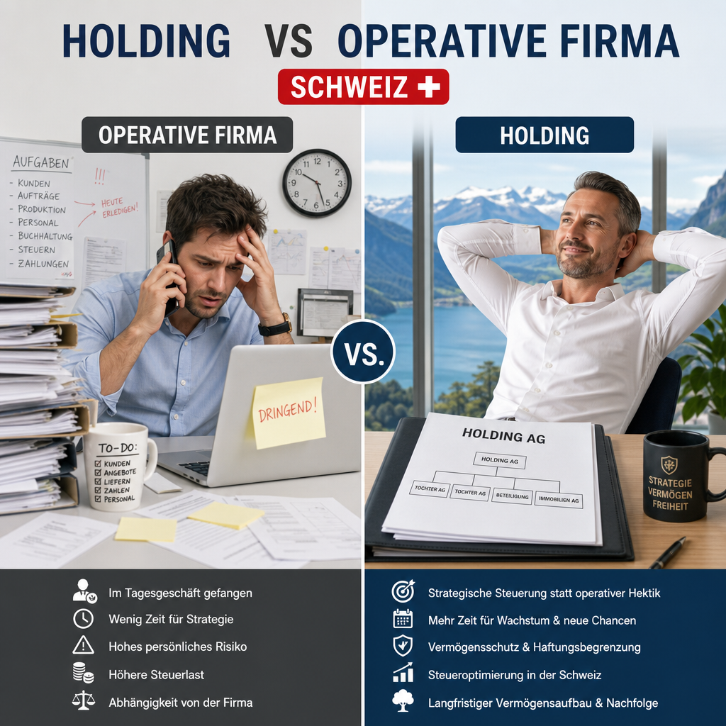 Geteiltes Bild: links gestresste Person in operativer Firma, rechts entspannter Unternehmer vor Holding-Dokumenten.