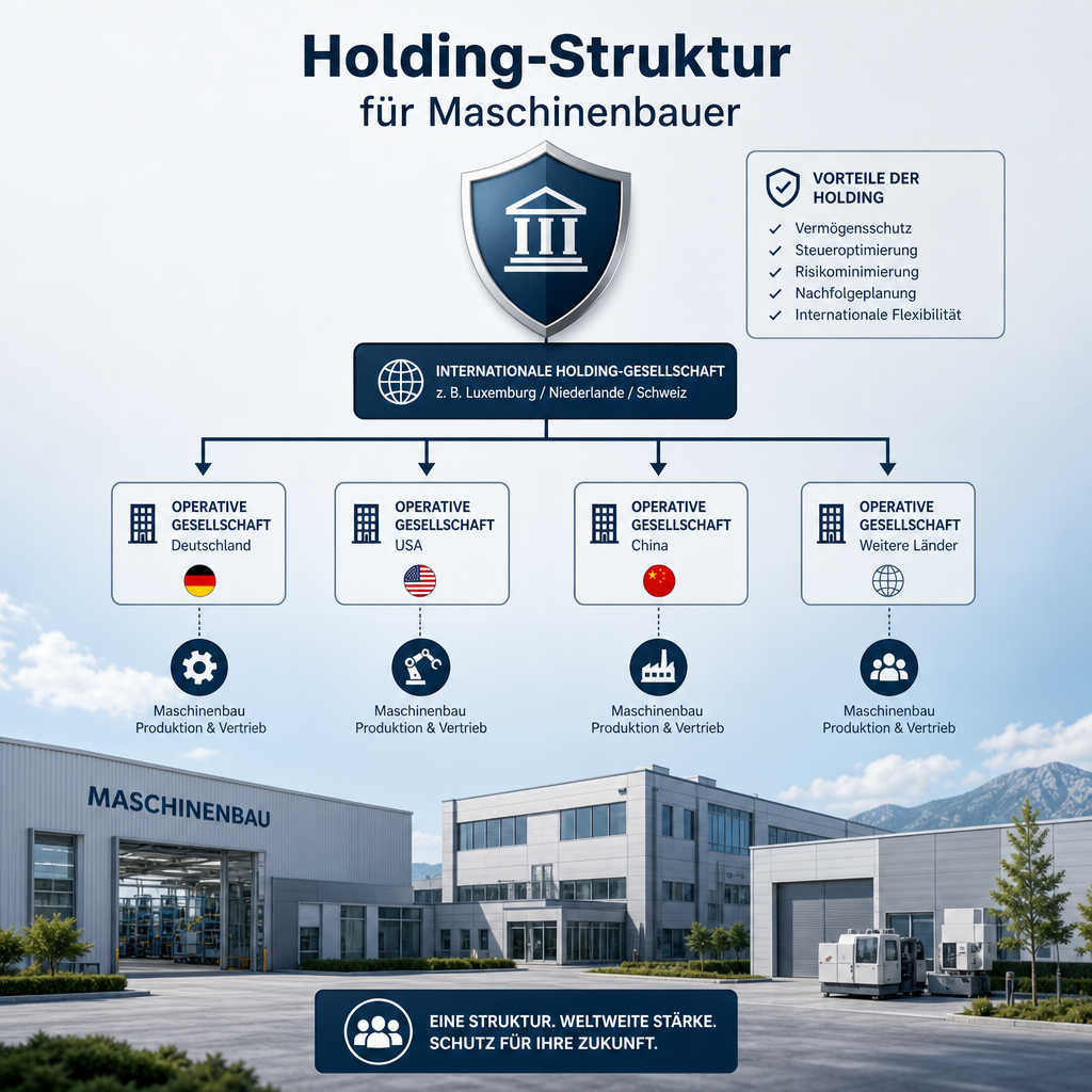 Grafik einer internationalen Holding-Struktur über Fabrikgebäuden mit Pfeilen und Schutzschild