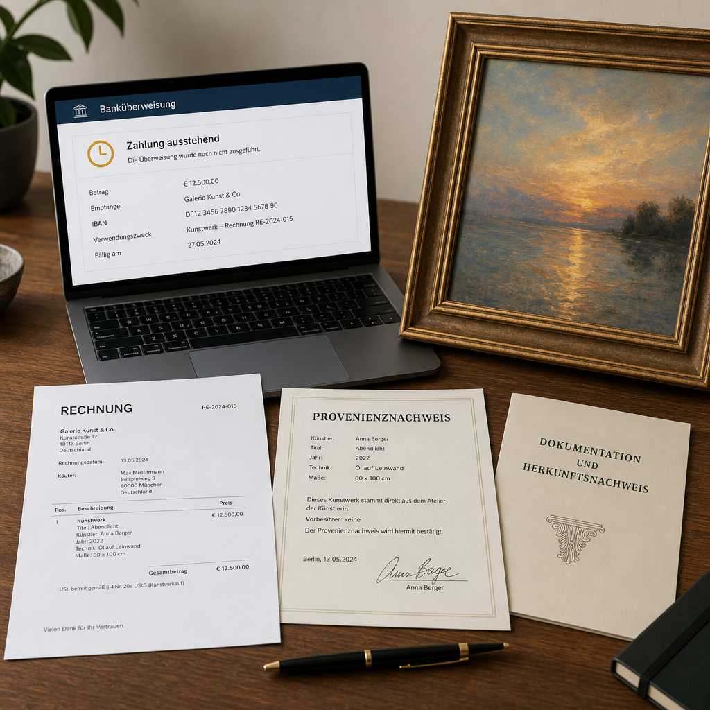 Laptop mit ausstehender Banküberweisung, daneben Rechnung, Provenienznachweis und gerahmtes Kunstwerk