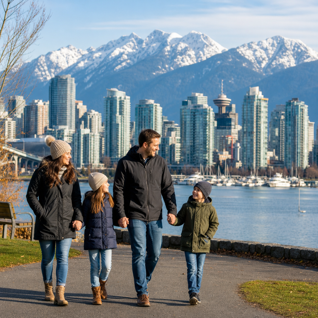 Familie spaziert vor Vancouver Skyline in Kanada, Berge im Hintergrund