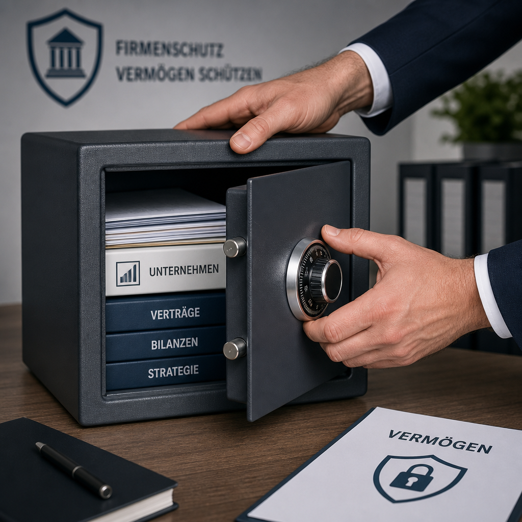 Hände schließen kleinen Tresor mit Unternehmensdokumenten, Symbol für Firmenschutz und Vermögensschutz