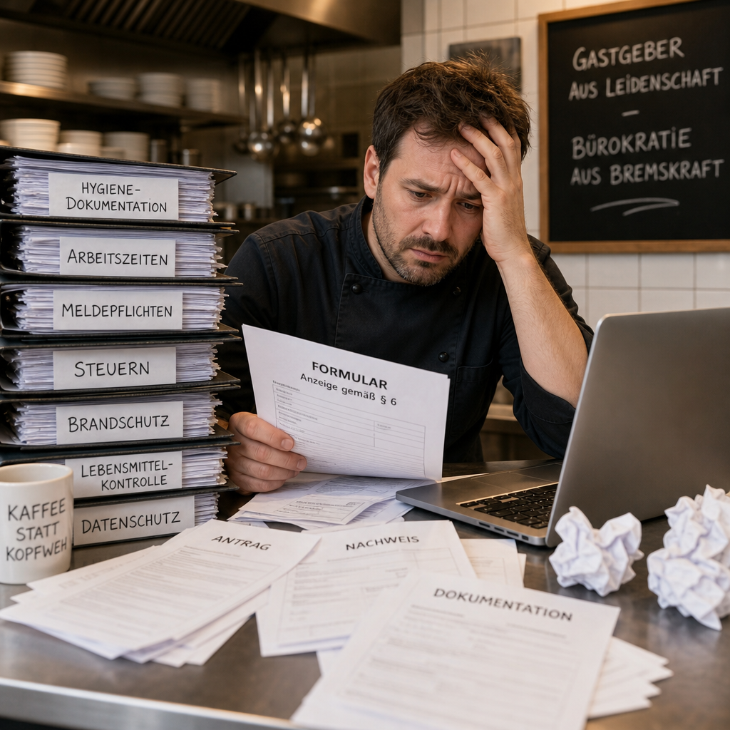 Gastronom in Küche vor Stapel von Formularen und Laptop, sichtlich überfordert
