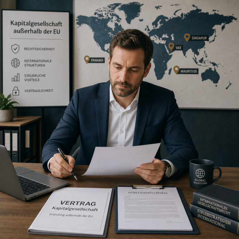 Unternehmer mit Vertragsunterlagen und Weltkarte