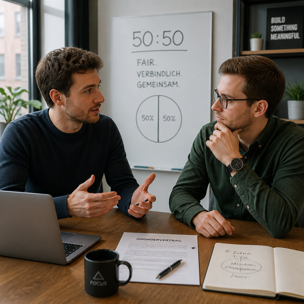 Zwei Gründer am Besprechungstisch mit Laptop und Vertragsunterlagen