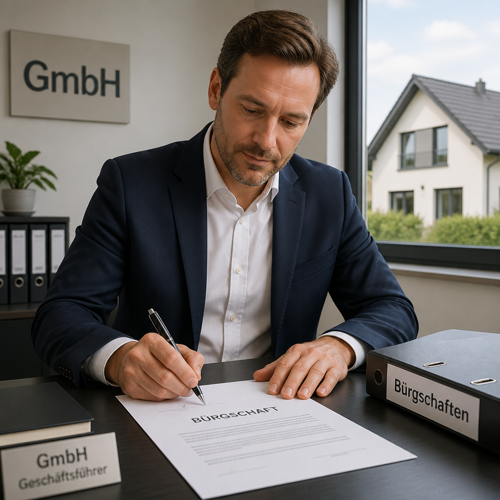 GmbH-Geschäftsführer unterschreibt Bürgschaft, Haus im Hintergrund