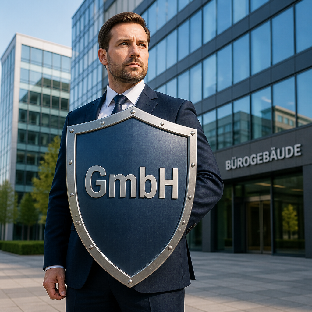 Geschäftsmann hält Schutzschild mit Aufschrift 'GmbH' vor Bürogebäuden
