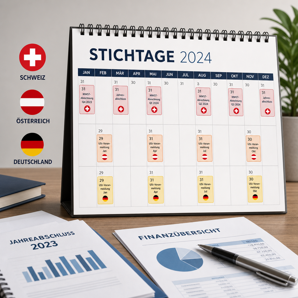 Kalender mit markierten Terminen, Icons der Schweiz, Österreich und Deutschland, Geschäftspapiere und Stift
