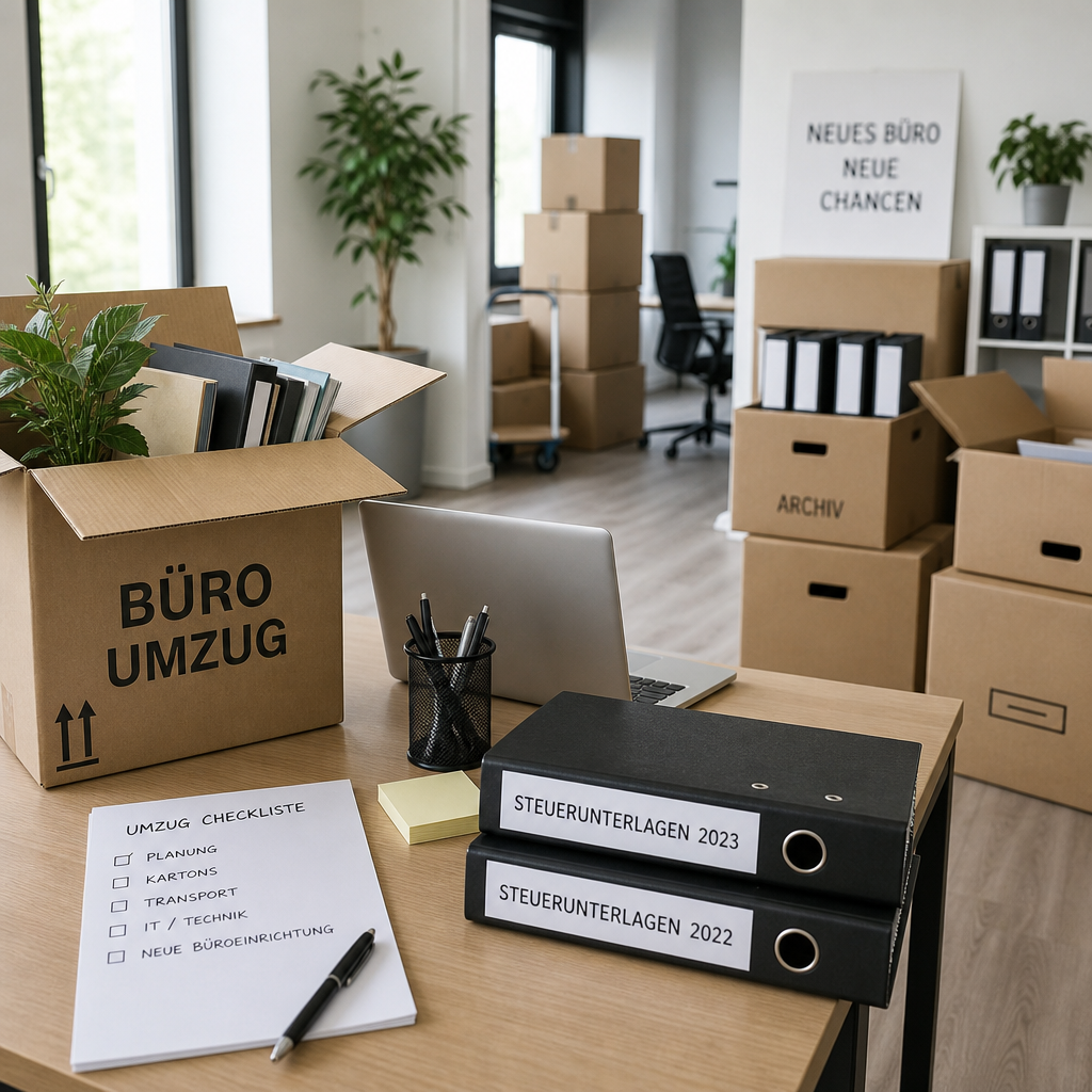Büro mit Umzugskartons, Aktenordnern und Laptop, einige Ordner mit Steuerunterlagen sichtbar