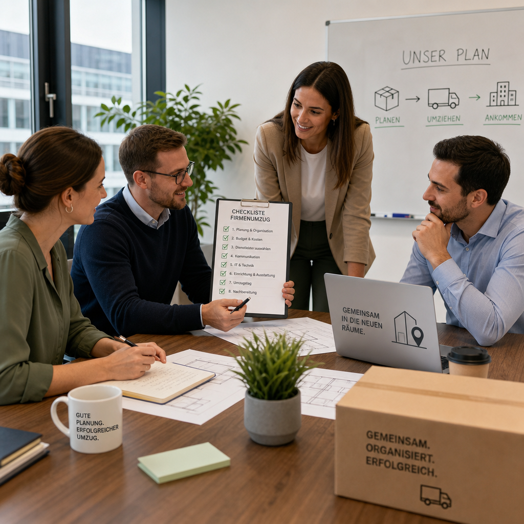 Geschäftsteam diskutiert Firmenumzug, Checkliste und Laptop auf dem Konferenztisch
