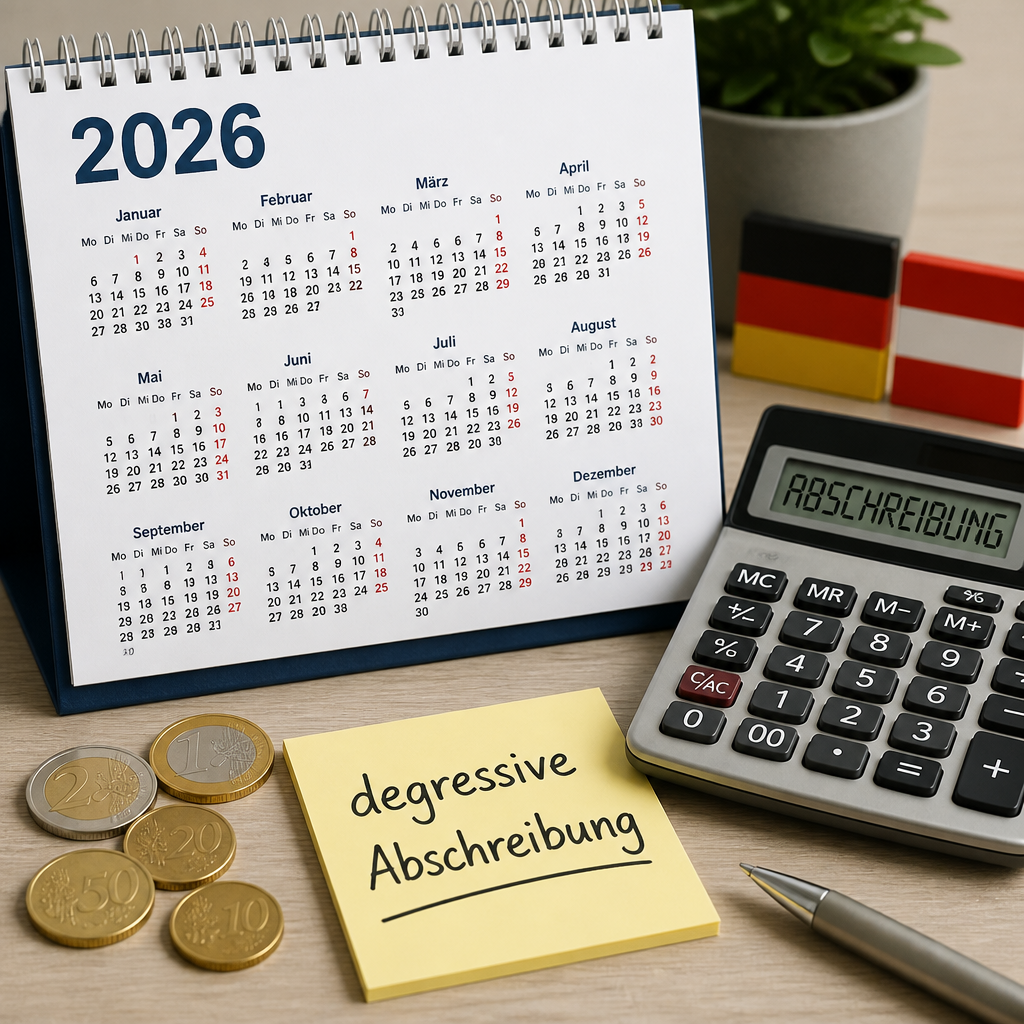 Kalenderblatt 2026 mit Taschenrechner, Euro-Münzen und Notiz 'degressive Abschreibung'