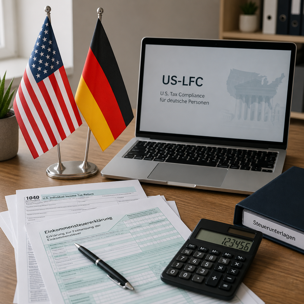 US- und Deutschlandflaggen neben Laptop, Steuerunterlagen und Taschenrechner auf Schreibtisch