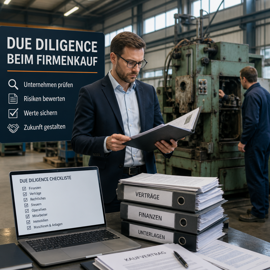 Berater mit Laptop und Akten prüft gebrauchte Maschinen und Verträge in Industriehalle