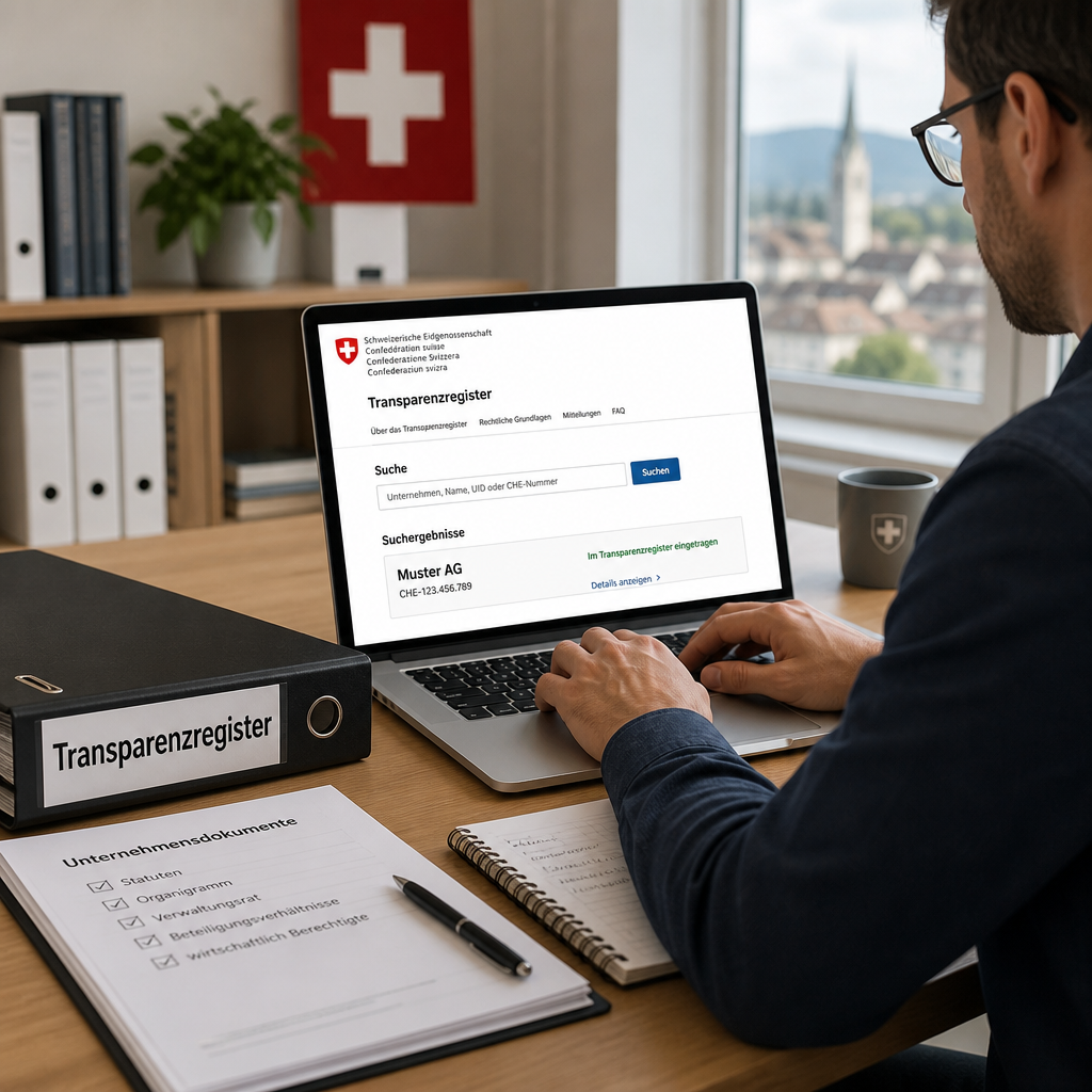 Person prüft Unternehmensdokumente am Laptop, Ordner beschriftet mit Transparenzregister