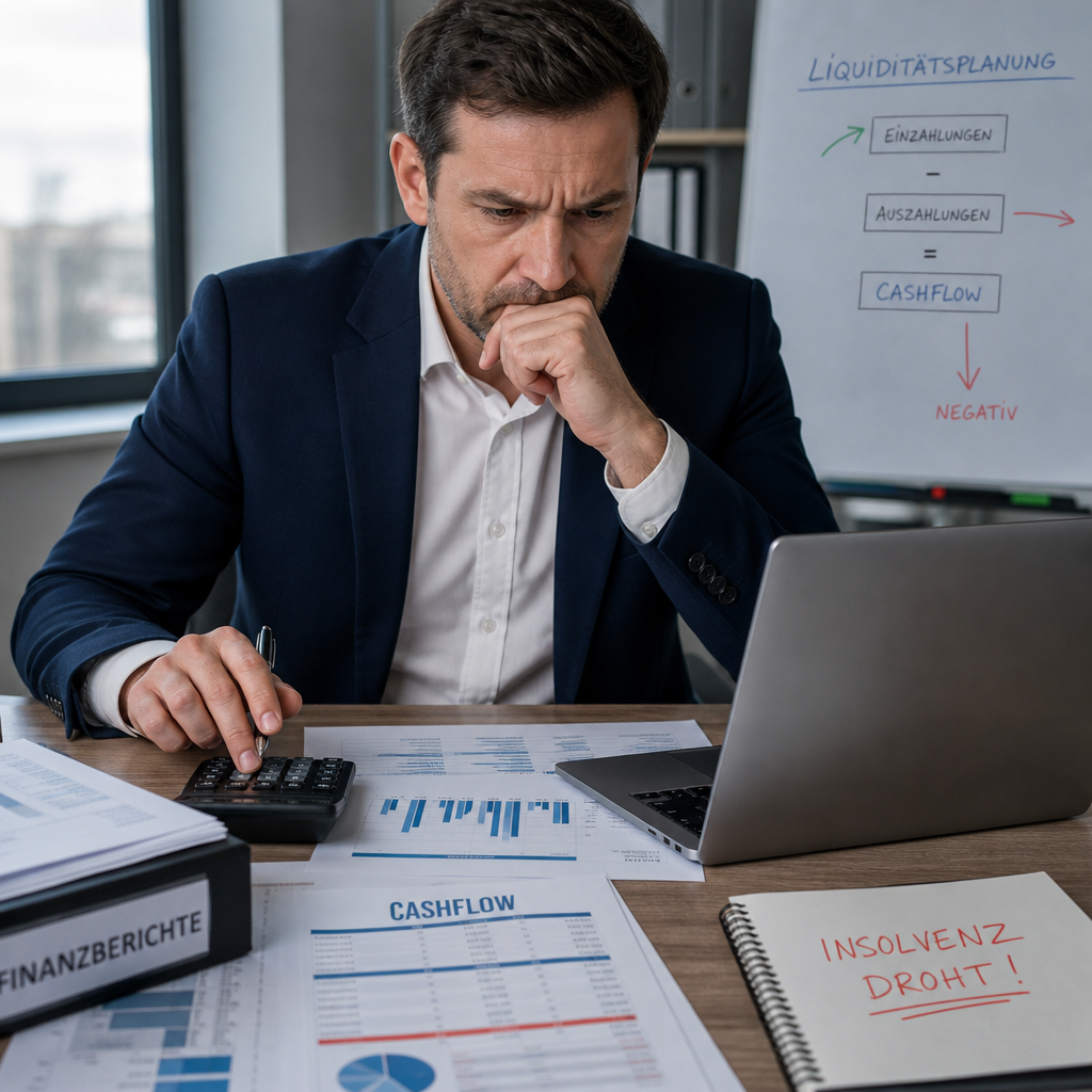 Manager am Laptop mit Taschenrechner und Finanzunterlagen, Cashflow-Analyse bei drohender Insolvenz