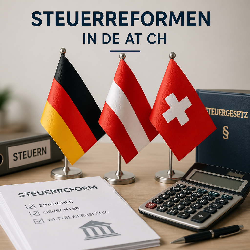Drei Flaggen Deutschland, Österreich, Schweiz neben Steuerdokumenten und Taschenrechner