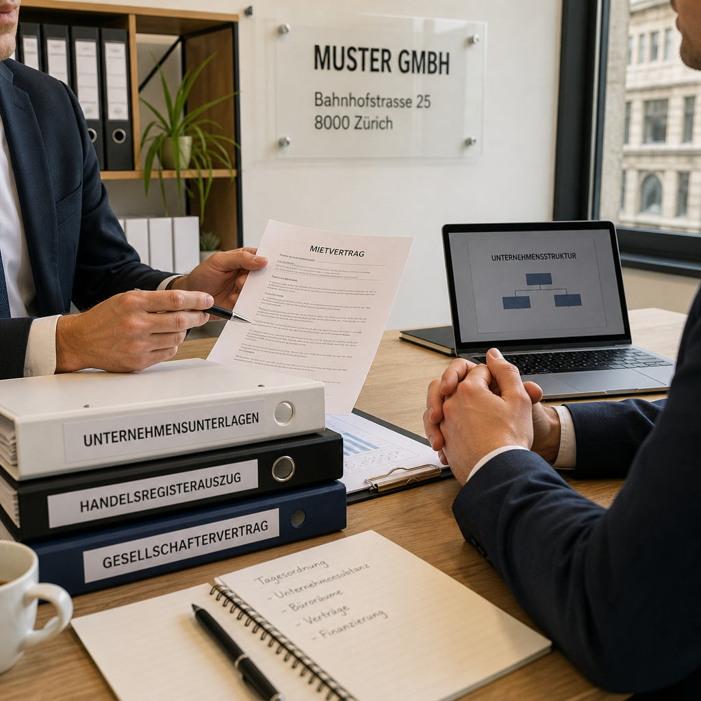 Geschäftstreffen mit Akten, Mietvertrag und sichtbarer Firmenadresse