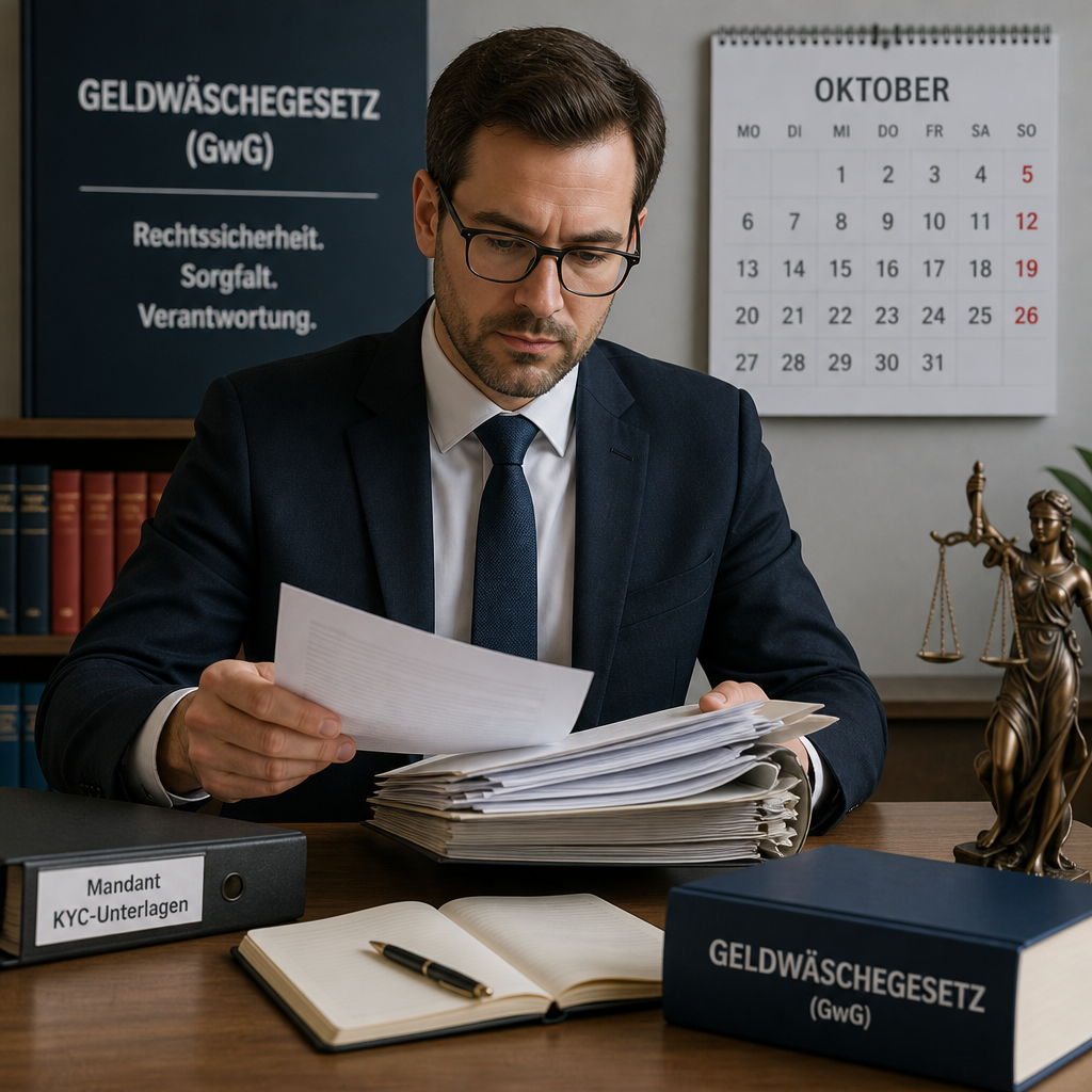 Anwalt sitzt am Tisch, prüft Akten; Kalender auf Oktober sichtbar