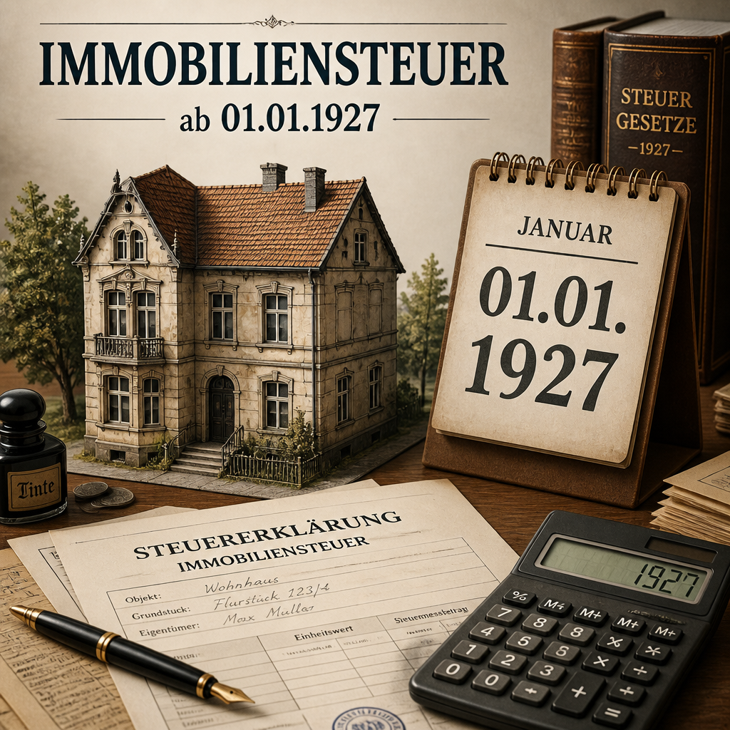 Alte Immobilie neben Steuerunterlagen, Taschenrechner und Kalender mit Datum 01.01.1927