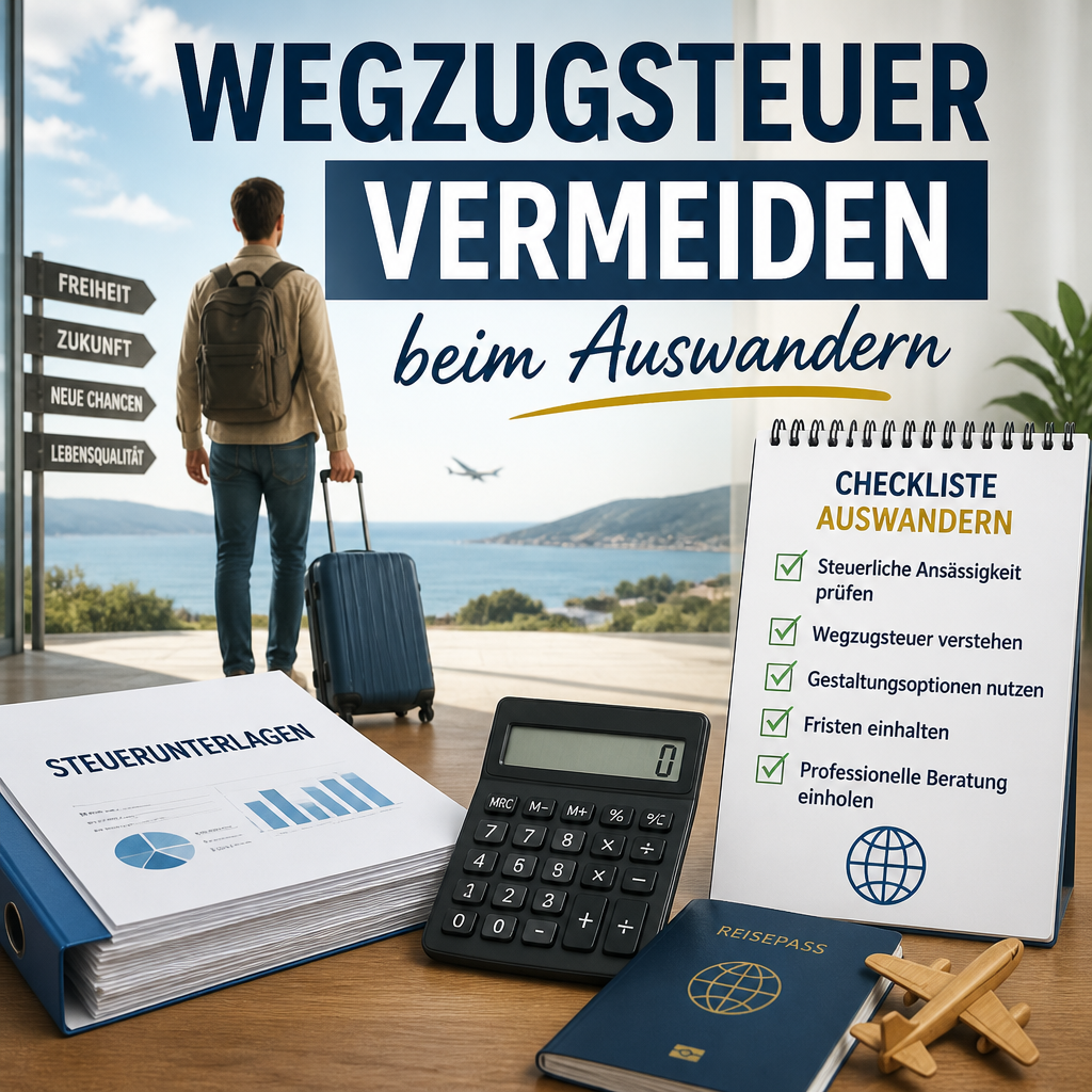 Person mit Koffer, Steuerunterlagen, Taschenrechner und Checkliste zum Auswandern