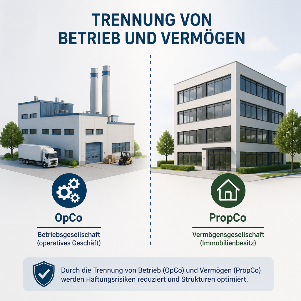 Modellhaus und Fabrik getrennt durch Linie, Symbole für OpCo und PropCo