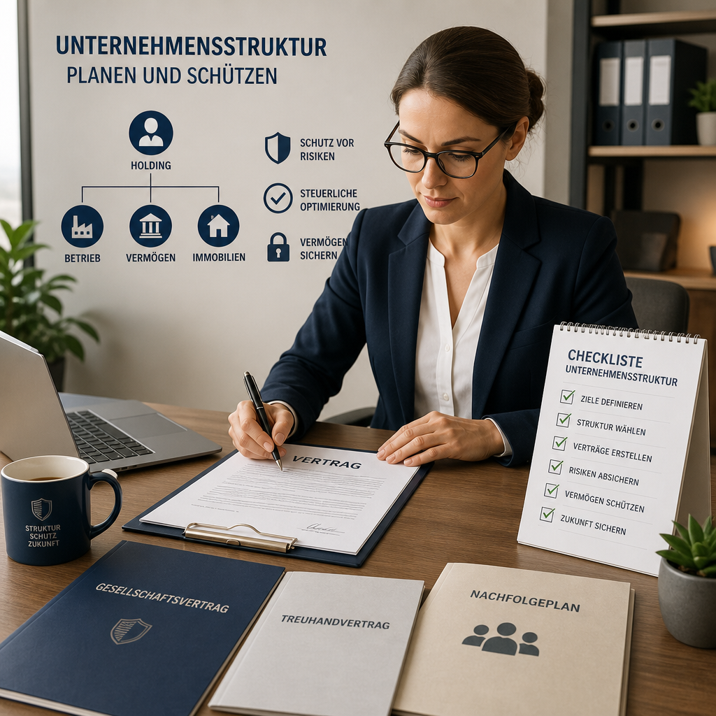 Geschäftsperson am Schreibtisch mit Verträgen und Checkliste zur Unternehmensstruktur