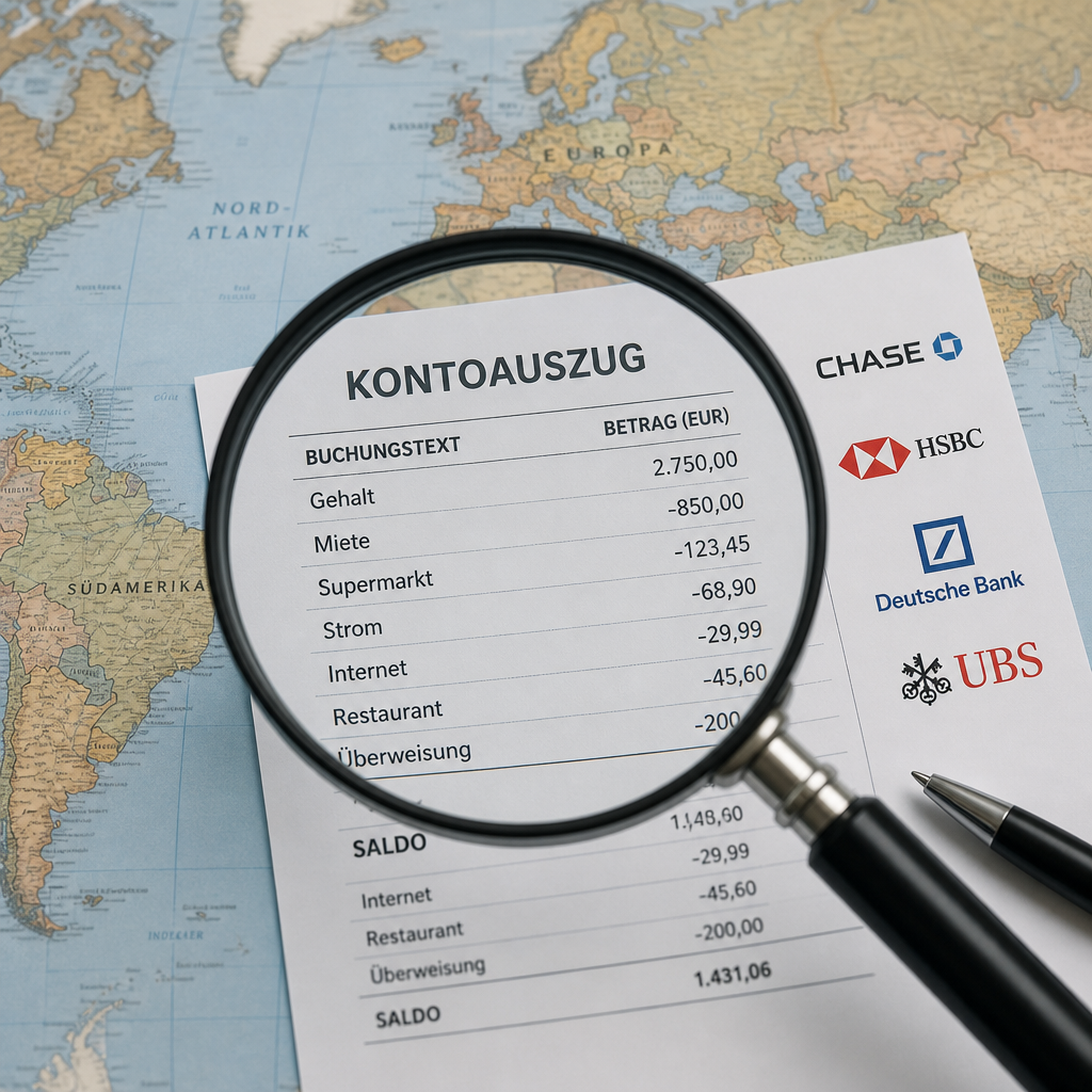 Vergrößerungsglas auf Kontoauszug über Weltkarte, Stift und sichtbare Banklogos
