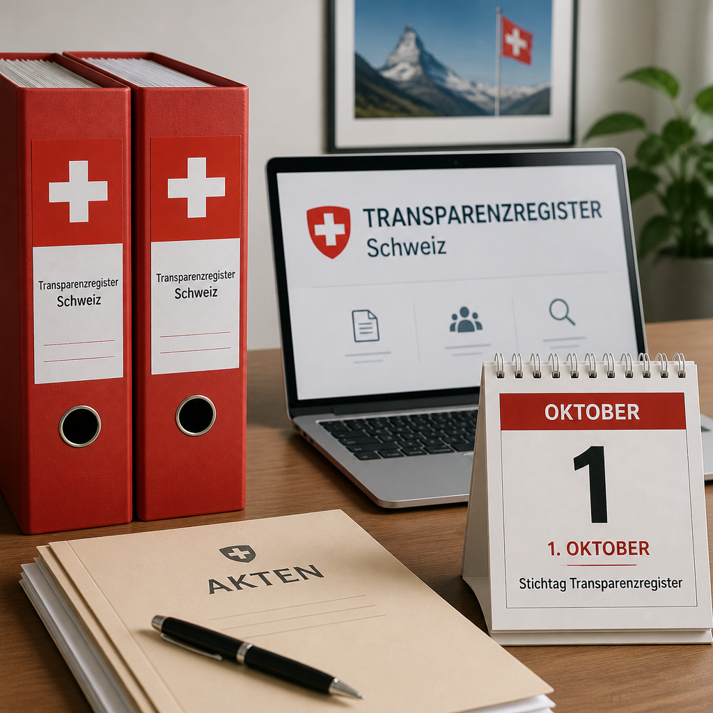 Aktenordner mit Schweizer Flagge neben Laptop und Kalender mit Datum 1. Oktober