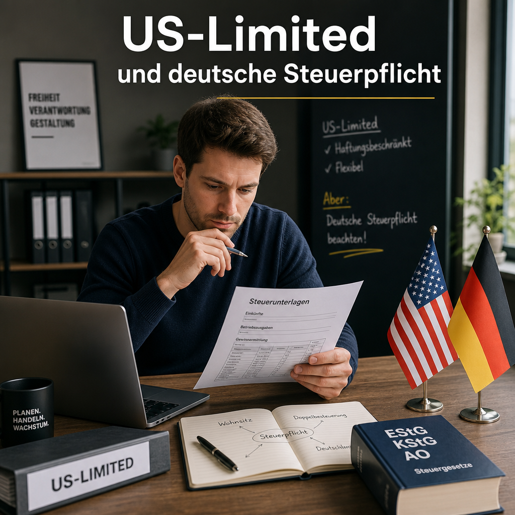 Gründer am Schreibtisch mit Laptop, Akten, US‑ und Deutschland‑Flaggen, prüft Steuerunterlagen