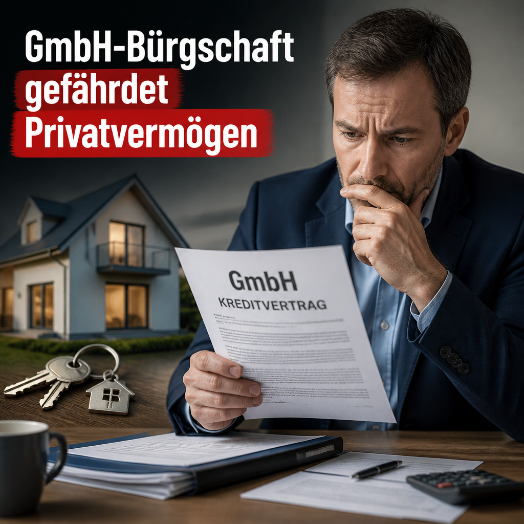 Geschäftsmann liest Kreditvertrag mit GmbH-Überschrift, Haus und Schlüssel im Hintergrund