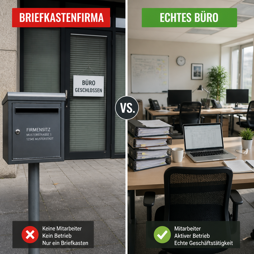 Leerer Briefkasten vor geschlossenem Büro; Aktenstapel, Laptop und leere Schreibtischstühle sichtbar