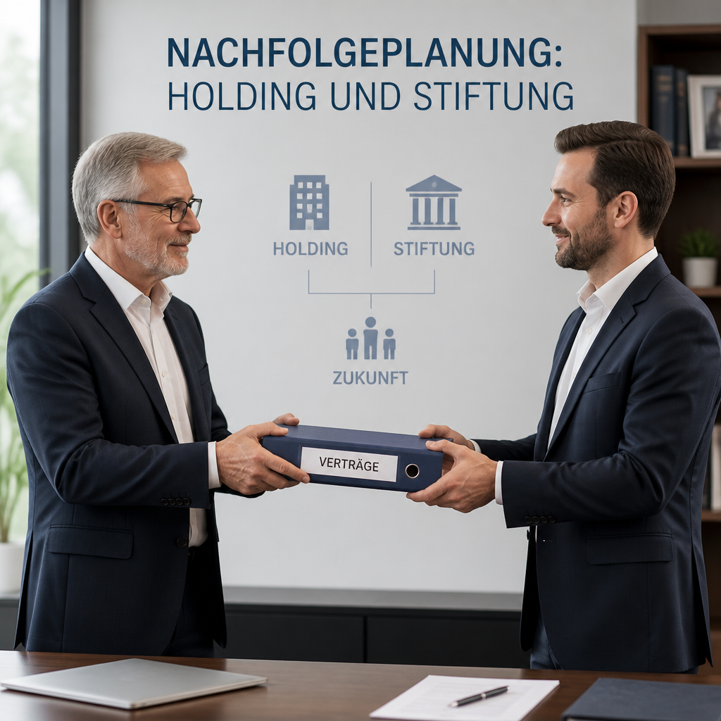 Geschäftsperson übergibt Ordner mit Verträgen an Vertreter als Symbol für Unternehmensnachfolge