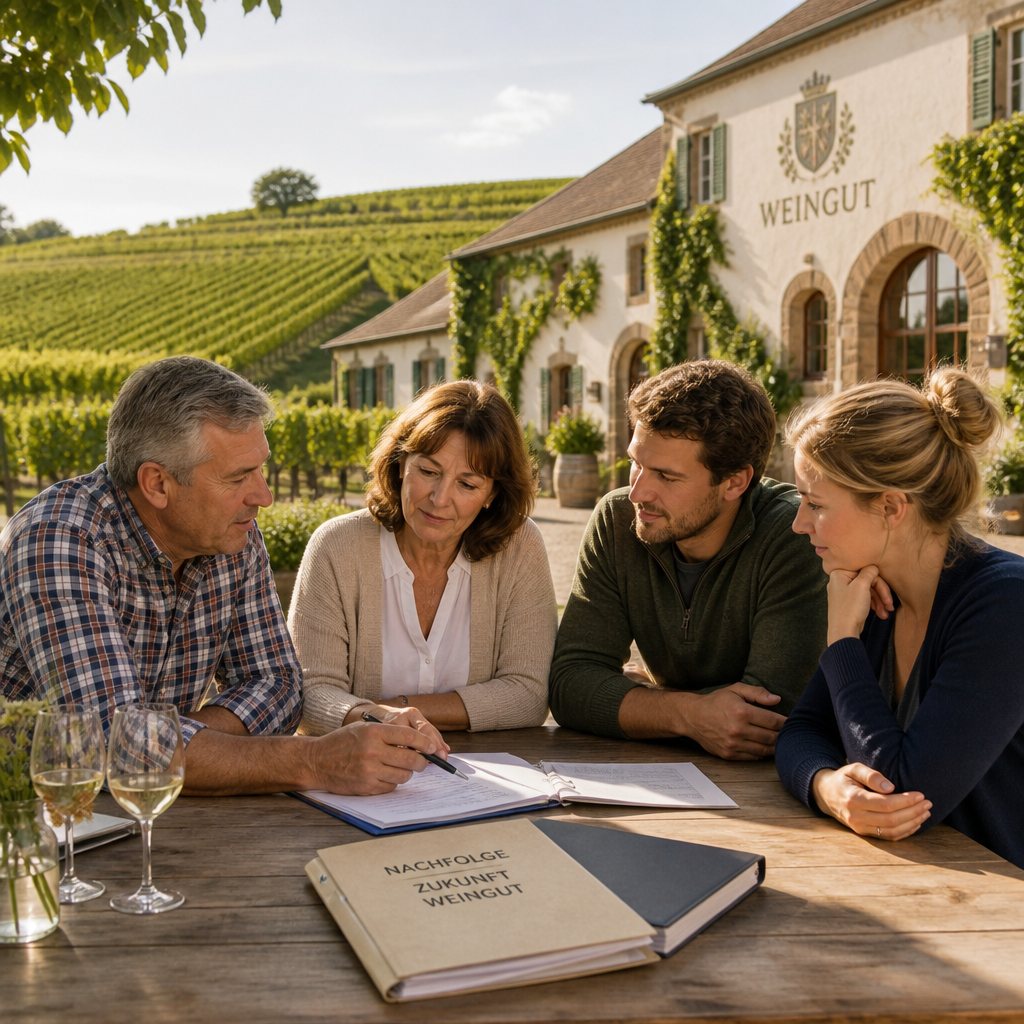 Winzerfamilie bespricht Nachfolgeunterlagen vor Weinbergen und Weingutgebäude