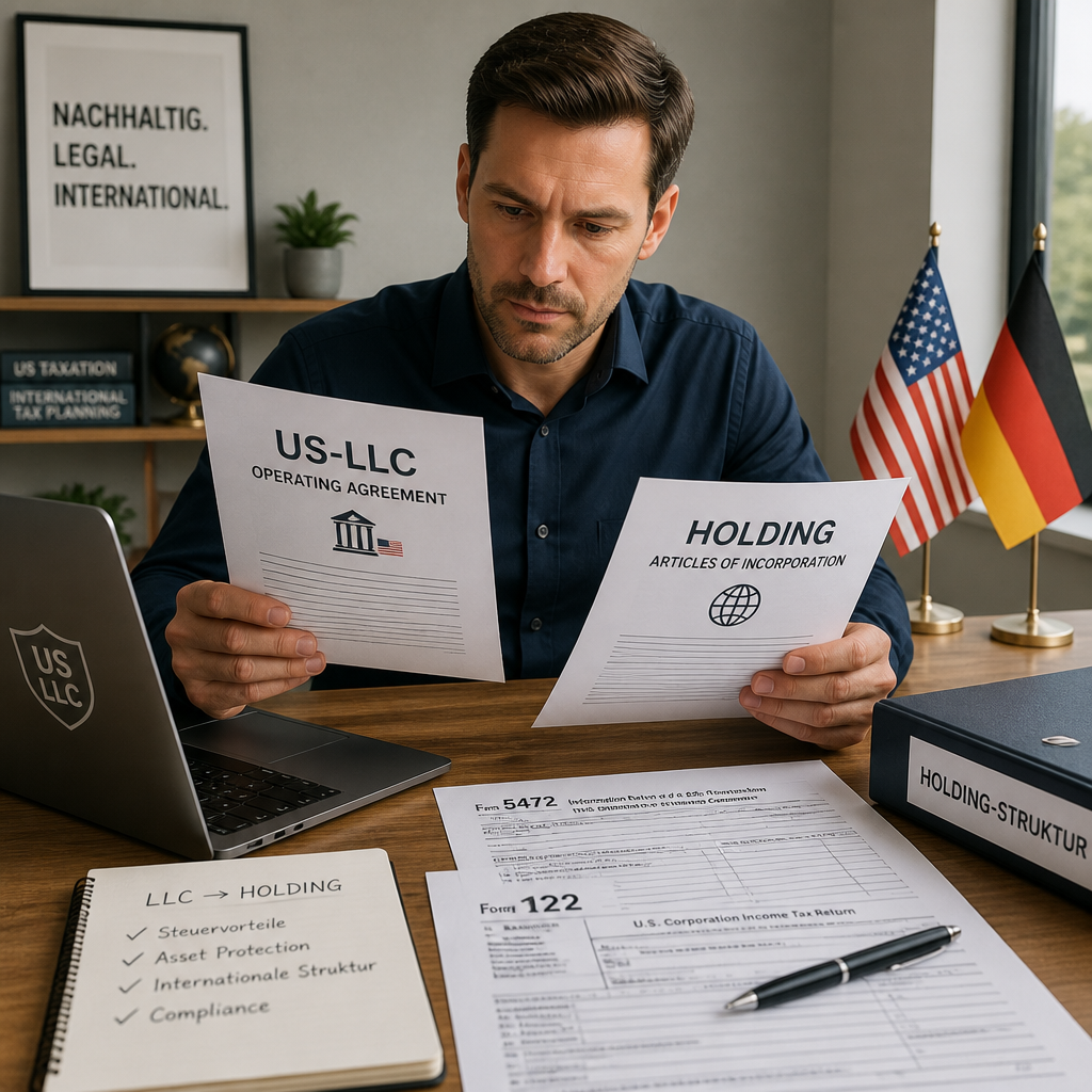 Unternehmer prüft LLC- und Holding-Unterlagen mit Laptop, Steuerformularen und US- sowie Deutschlandflagge