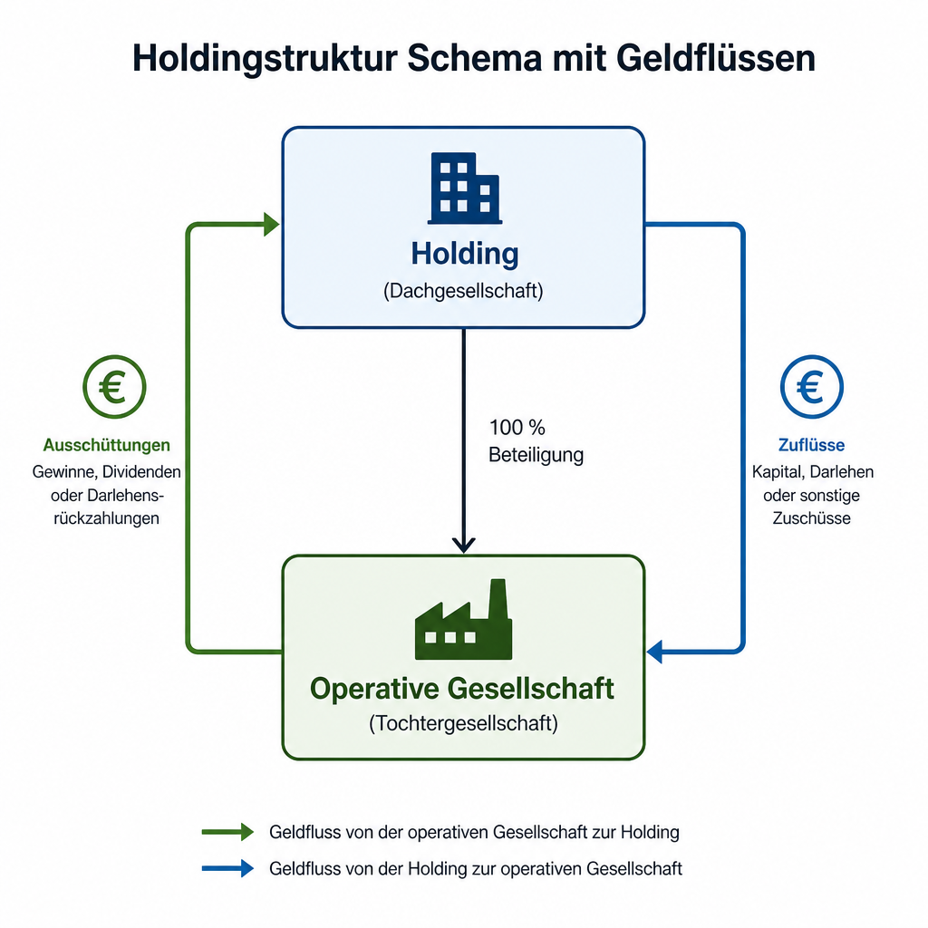 Schematische Grafik zweier Kästen 'Holding' und 'Operative Gesellschaft' mit Pfeilen und Euro-Symbolen