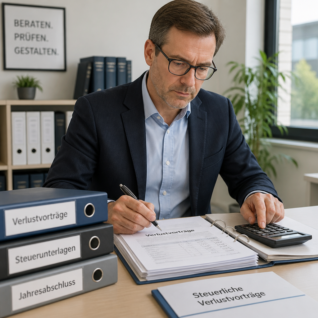 Steuerberater mit Taschenrechner und Aktenordnern prüft Steuerunterlagen zu Verlustvorträgen