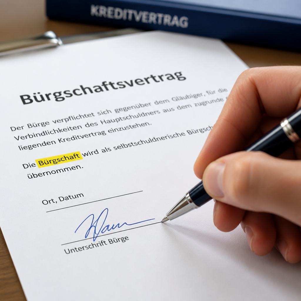 Nahaufnahme Hand mit Kugelschreiber unterschreibt Kreditvertrag mit hervorgehobenem Wort Bürgschaft
