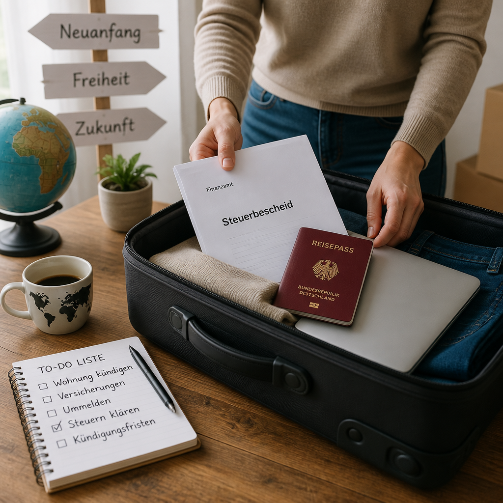 Person packt Koffer mit Steuerbescheid, Reisepass und Laptop auf Holztisch