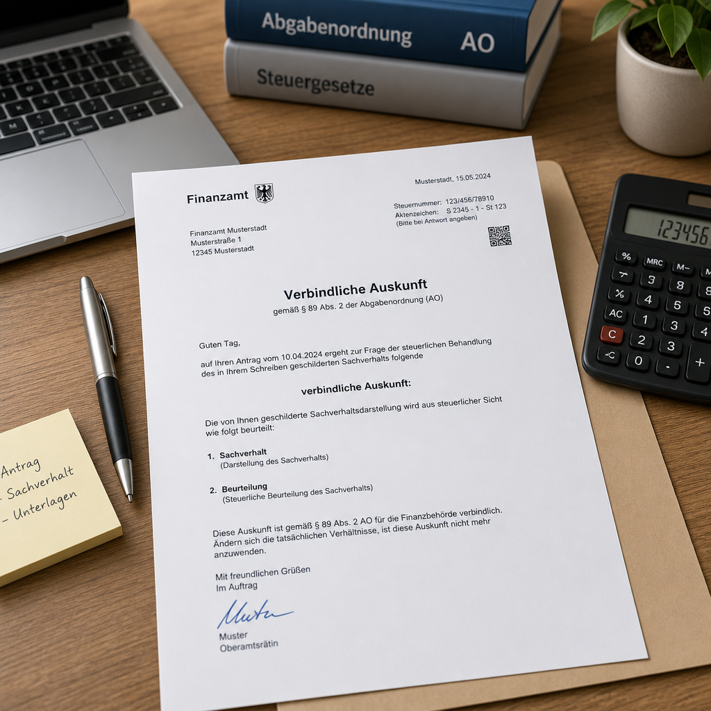 Schriftliche verbindliche Auskunft des Finanzamts auf Schreibtisch mit Laptop und Taschenrechner