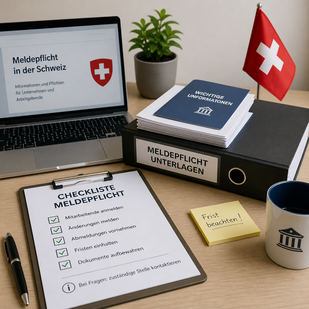 Schreibtisch mit Laptop, Aktenordner, Schweizer Flagge und Checkliste zur Meldepflicht