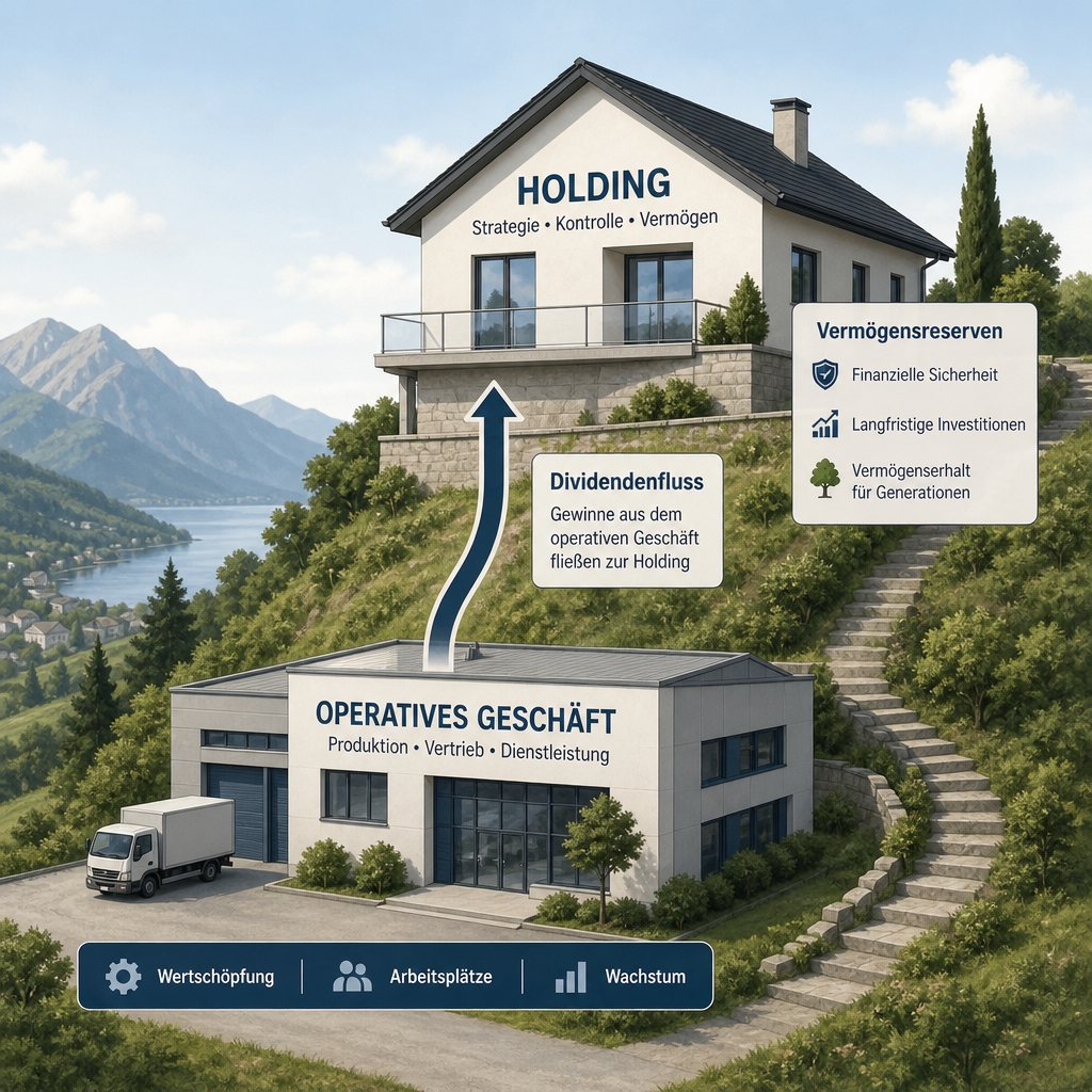 Illustration: Operatives Geschäft unten, Holding oben, Pfeile zeigen Dividendenfluss und Vermögensreserven