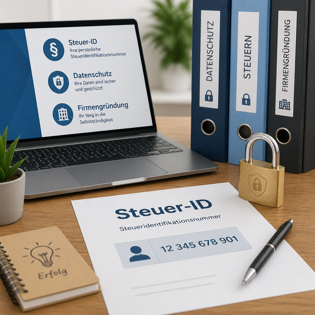 Laptop, Aktenordner und Vorhängeschloss neben Papier mit Aufschrift ‚Steuer‑ID‘
